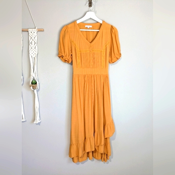 Baltic Born Cascading Ruffle Pleated Button Top Puff Sleeve Textured Front Midi - Picture 5 of 16